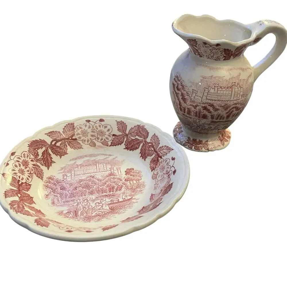 English Red Transferware Mini Pitcher with Saucer Scenic Castle Set England Home